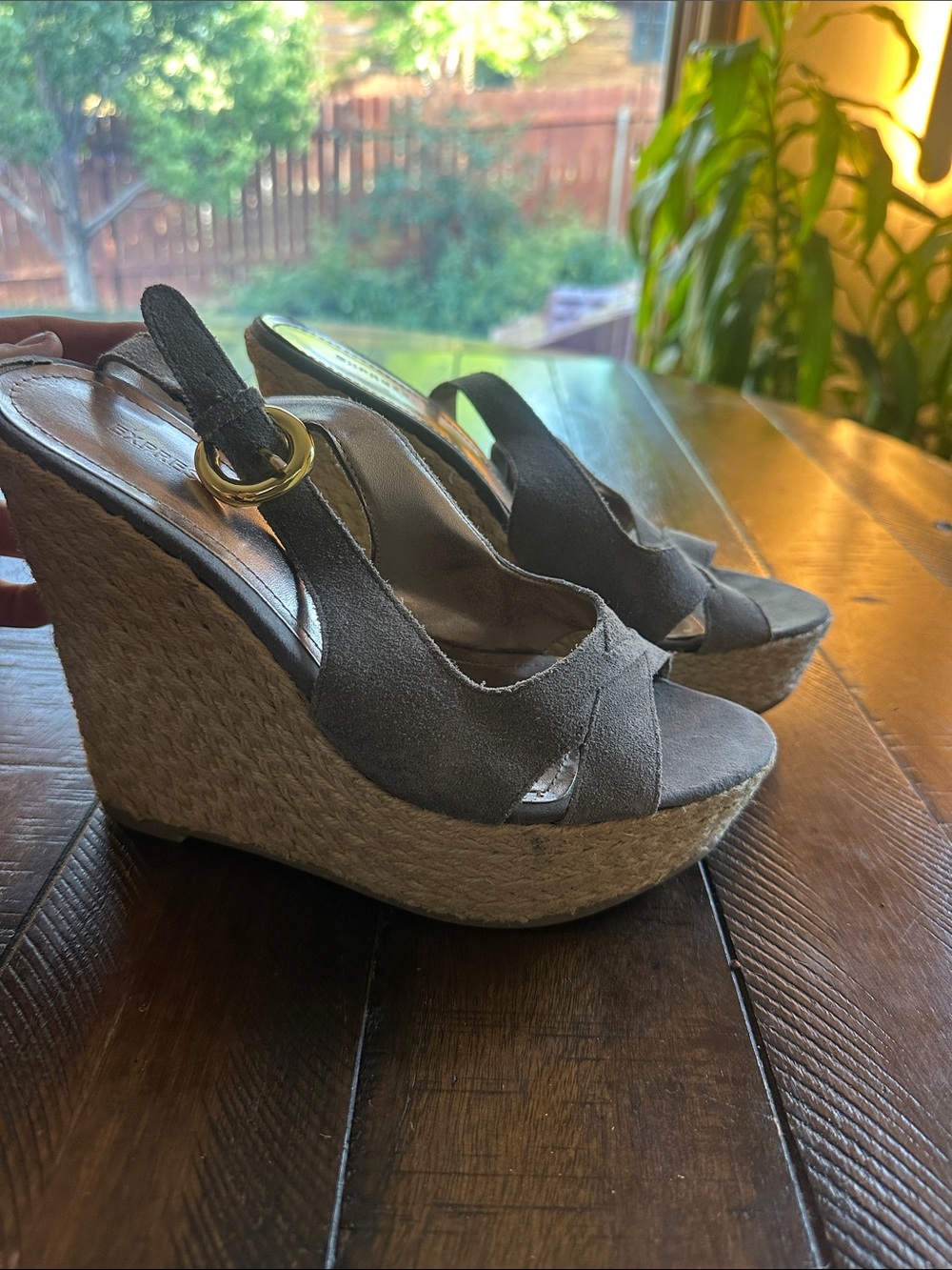 Express Gray Suede Espadrille Wedge Sandals with Gold Buckle